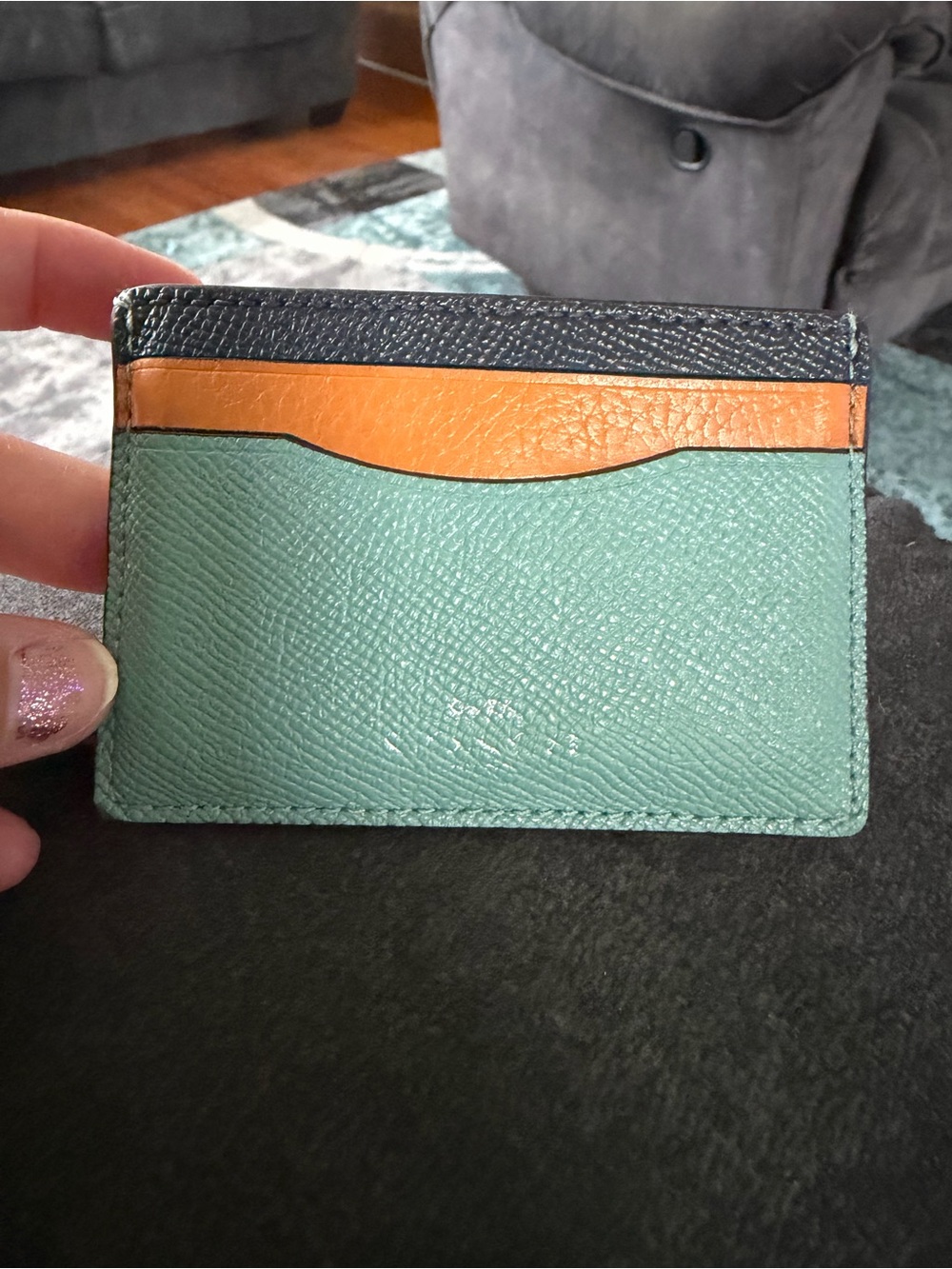 Coach Colorblock Leather Card Holder in Teal with Orange and Navy